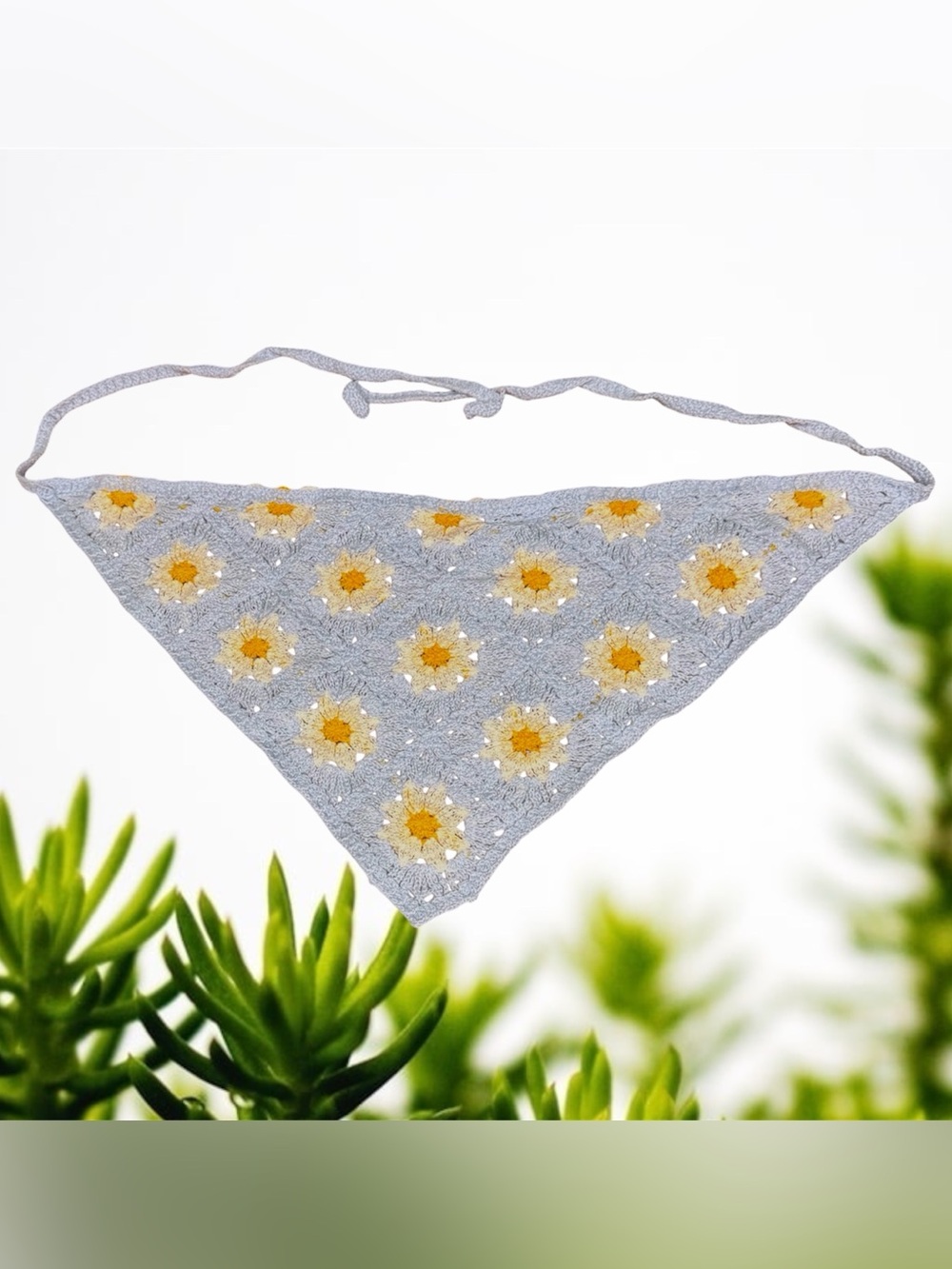 Crochet head scarf hair accessory wrap bandana Light Blue white daisies new
